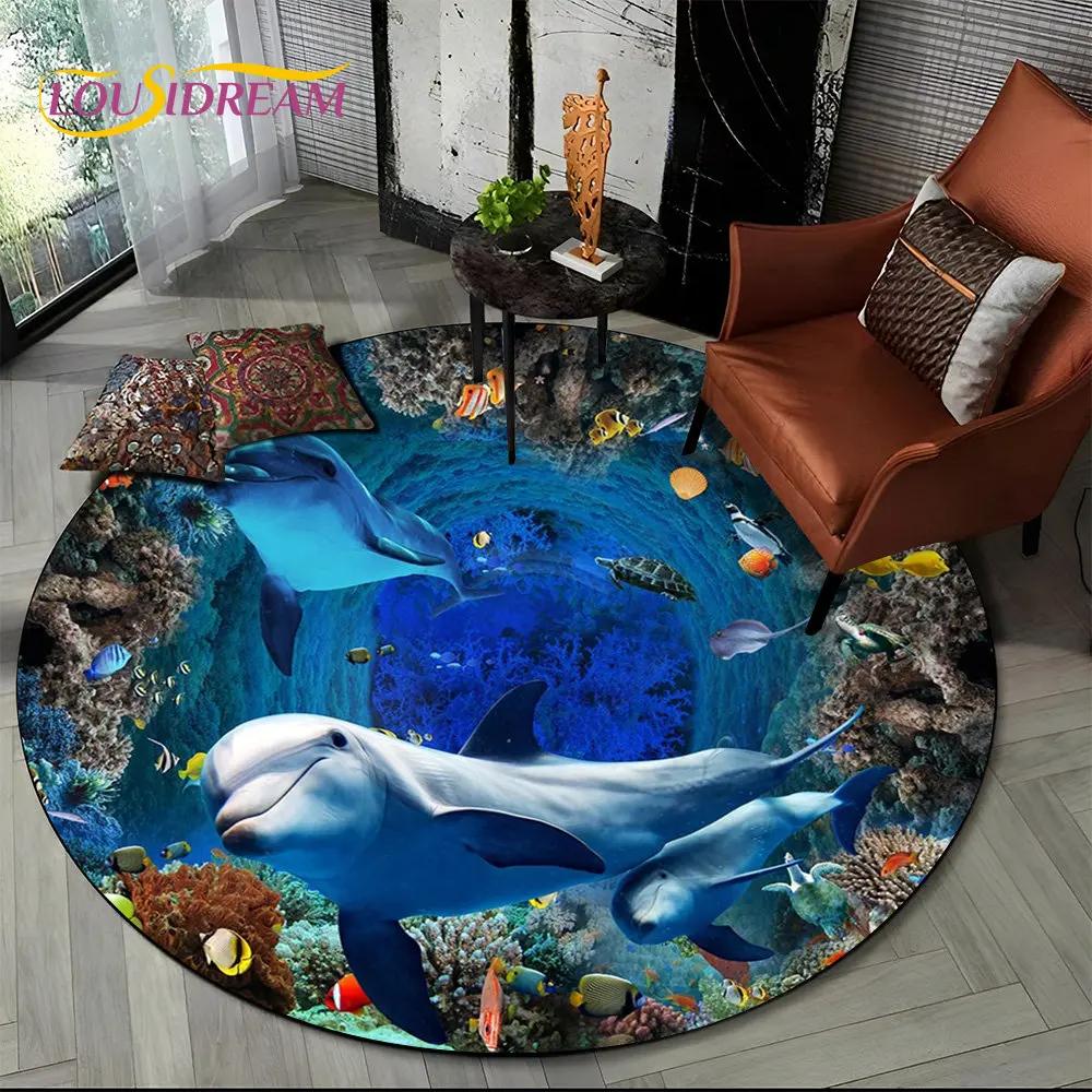 3D Zeebodem Illusie Onderwater Wereld Dolfijn Rond Vloerkleed, Tapijt voor Woonkamer Slaapkamer Bank Speelkamer Decoratie, Antislip Vloermat