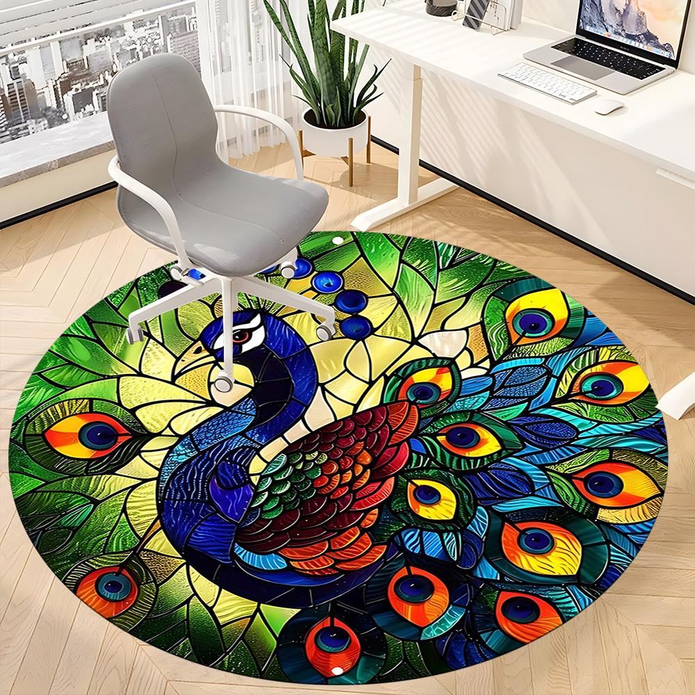 1pc Peacock StainedGlass Office Round Area Rug, Under Office Chairs Bedroom Living Room Home Decor, Room Deco