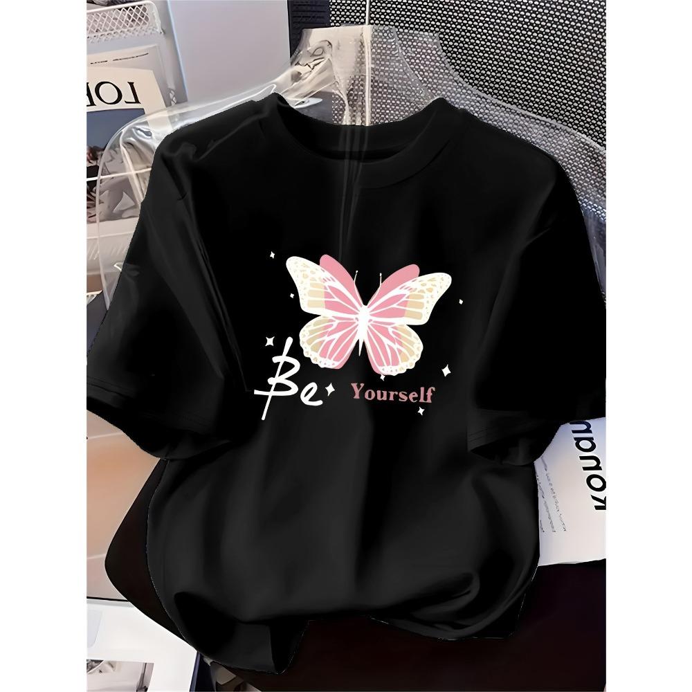 Womens Fashion Printed TShirt Pink Butterfly Pattern Soft Comfortable Printed Short Sleeve TShirt Harajuku Tshirts