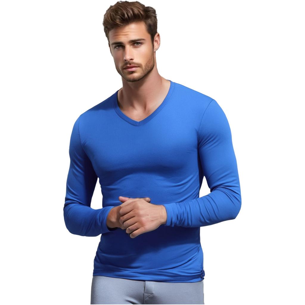 M-3XL Men‘s V Neck Slim Fit T-Shirt Long Sleeve Solid Color Casual Undershirt for Daily Wear