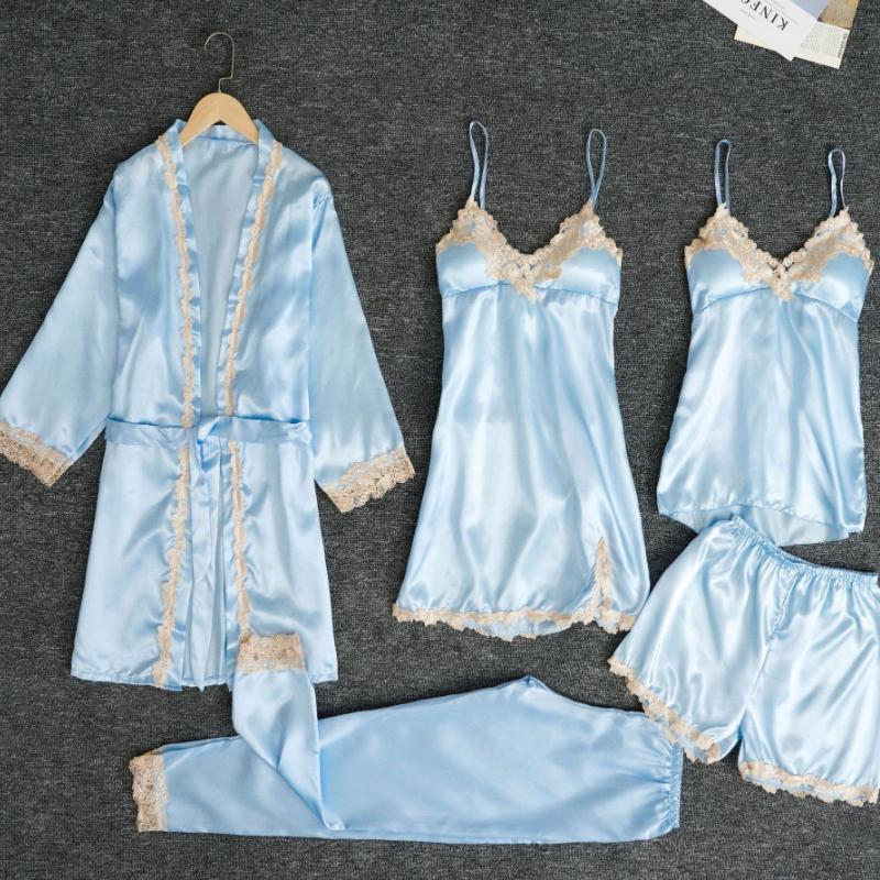 Set Pigiama Sexy da Donna 5 Pezzi Raso Set Nightdress Pizzo Vita Allacciata Larga Homewear Completo