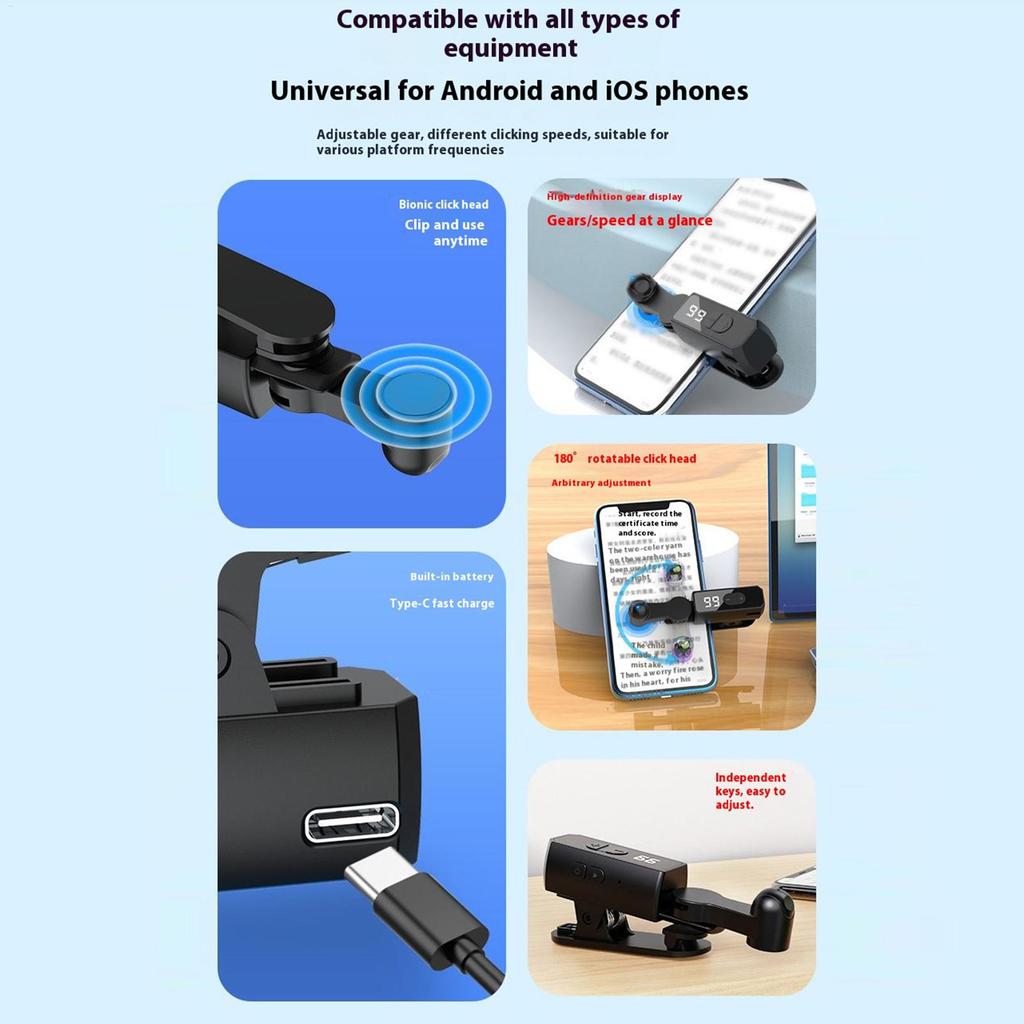 Automatischer Klicker für Smartphone, Typ-C wiederaufladbar, 107-stufiger Tapper zum Spielen, Werkzeug für Live-Stream-Shopping-Übertragungen