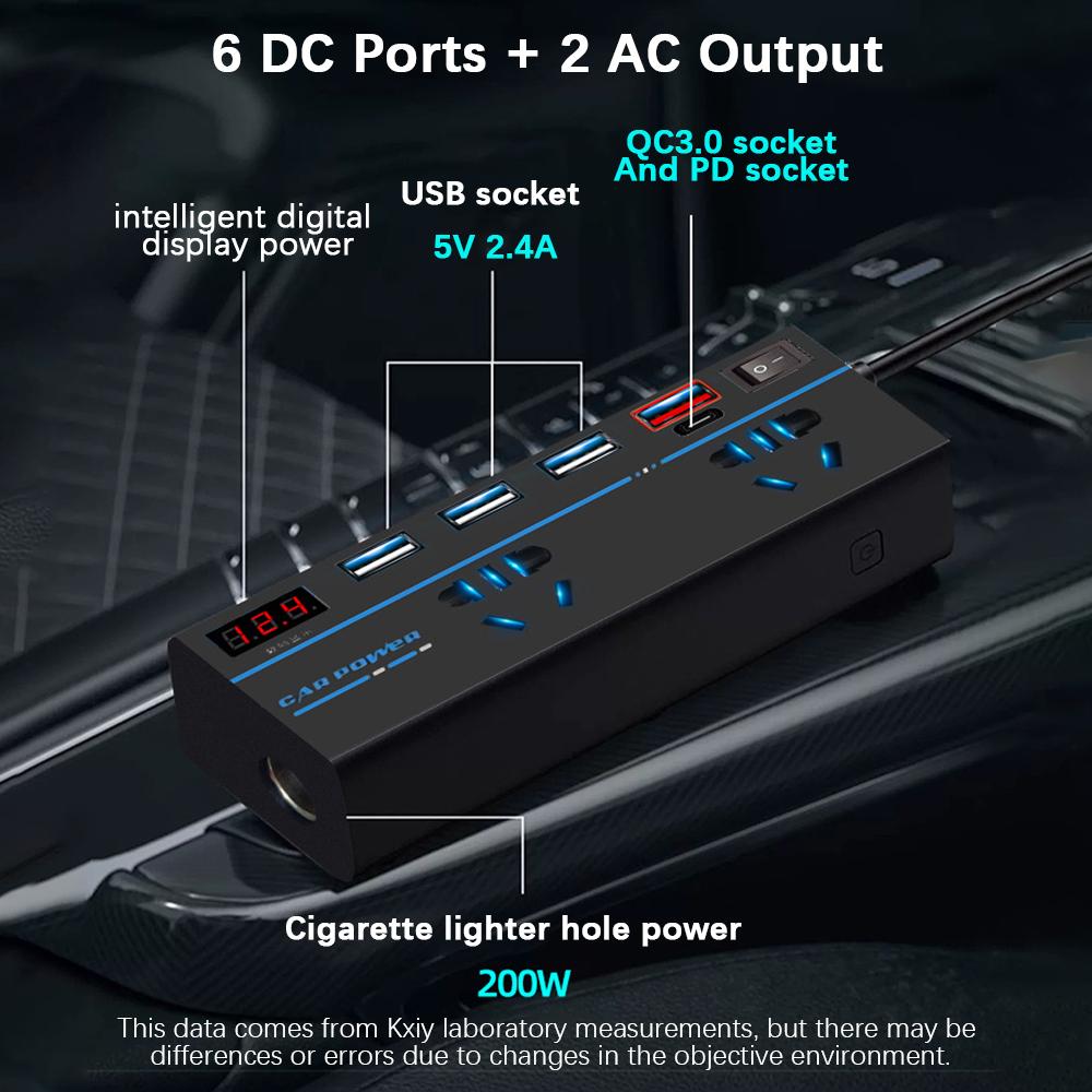 200W DC 12V 24V To AC 110V 220V Inverter Car Converter Splitter 6+2 DC AC Power Socket Truck Inverter Cigar Lighter Plug Input