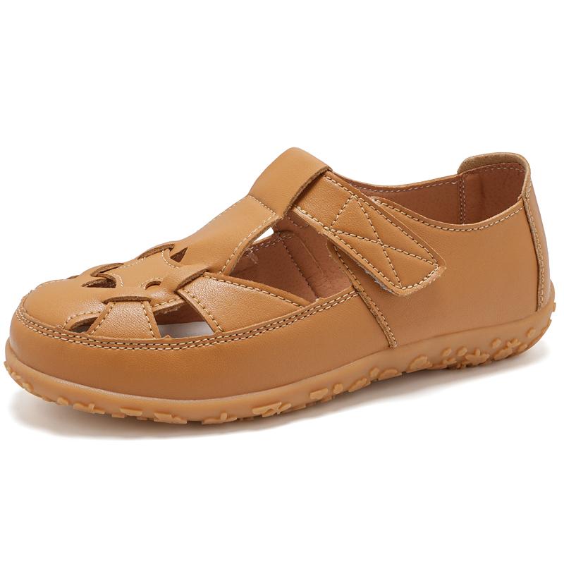 35-44 Summer Large Size Women's Sandals Women's Closed Toe Beach Shoes Genuine Leather Sandals Plus-size Perforated, Breathable Flat Women's Shoes