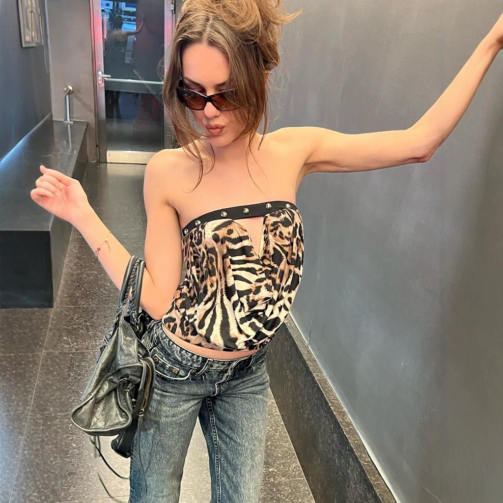 European and American Style Women's Summer New Sexy Leopard Print Off-shoulder Strapless Strapless Tank Top with Inner Layers