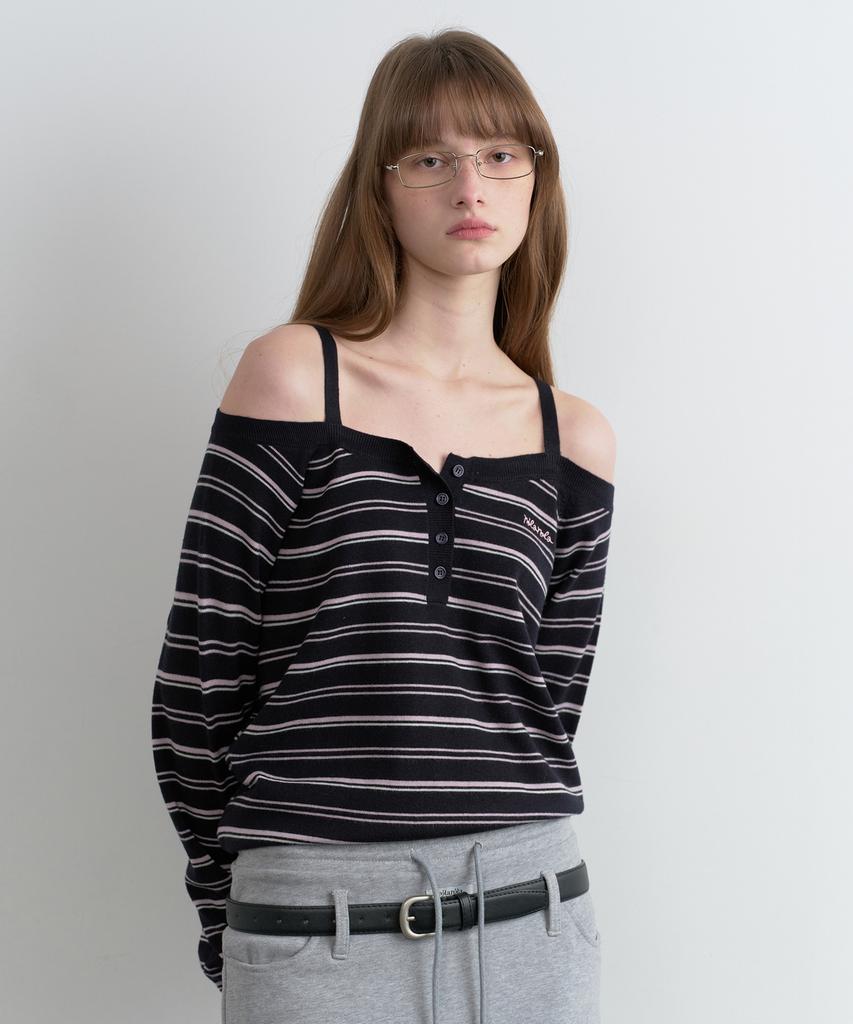 ROLAROLA Stripe Off Shoulder Strap Knit Black
