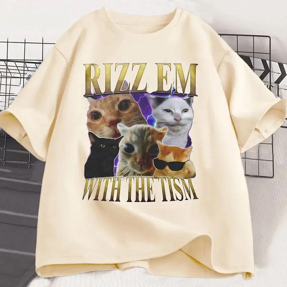 Rizz Em With The Tism Tshirt Retro Funny Cat Meme Summer T Shirt Short Sleeve Harajuku Short Sleeve Casual Aesthetic Clothes