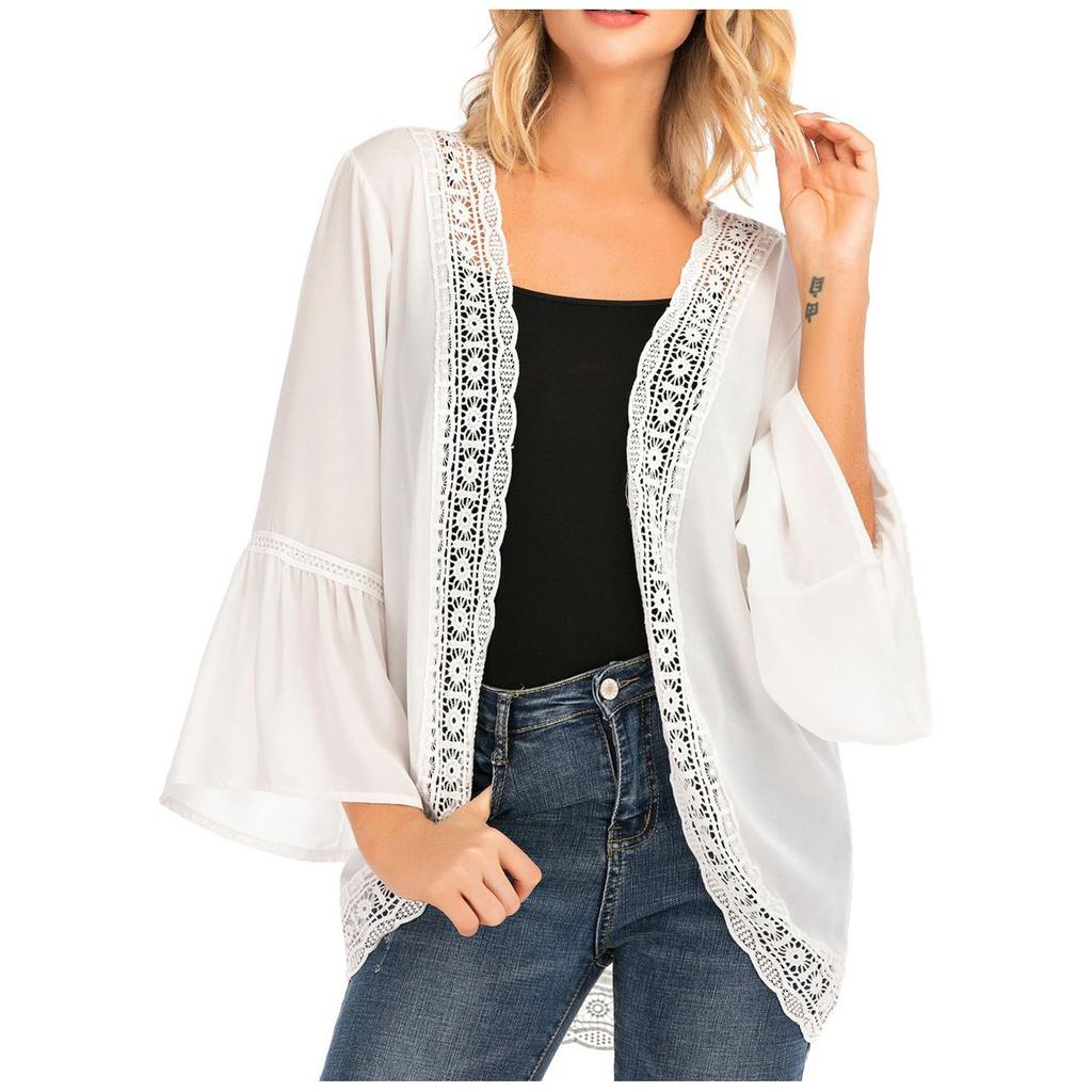 Damen Freizeit Spitze Langarm Chiffon Strickjacke Lockerer Kimono Bluse Oberteile