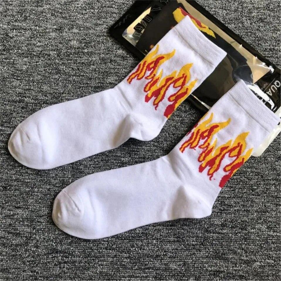 Men Fashion Hip Hop Hit Color On Fire Crew Socks Red Flame Blaze Power Torch Hot Warmth Street Skateboard Cotton Long Socks