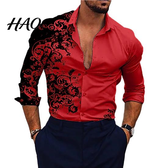 Office Shirt Men Gradient 3D Printed Long Sleeve Turndown Collar Male Slim Fit Temperament Button Down Clothing