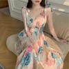 Summer New Bow Straps Suspender Skirt French Retro Printing Temperament Dress Women