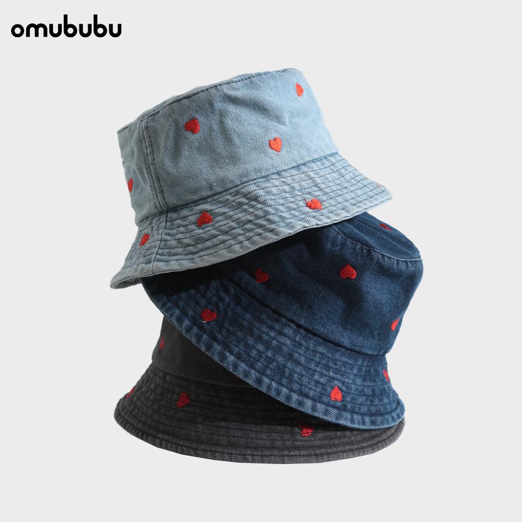 Red Heart Embroidered Denim Bucket Hat Female Harajuku Retro Hong Kong Wind Basin Hat Spring and Summer Sun Hat Bucket Hat