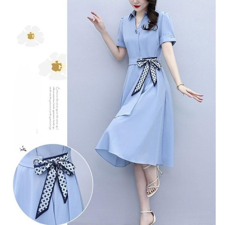 Summer Women's Dresses with Short Sleeves Solid Color Slimming and Covering Belly