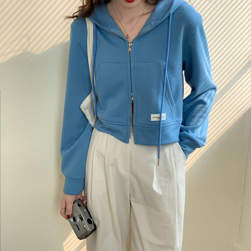 Hooded Sweatshirt Women's Short Double Zipper Solid Color Top Casual Cardigan
