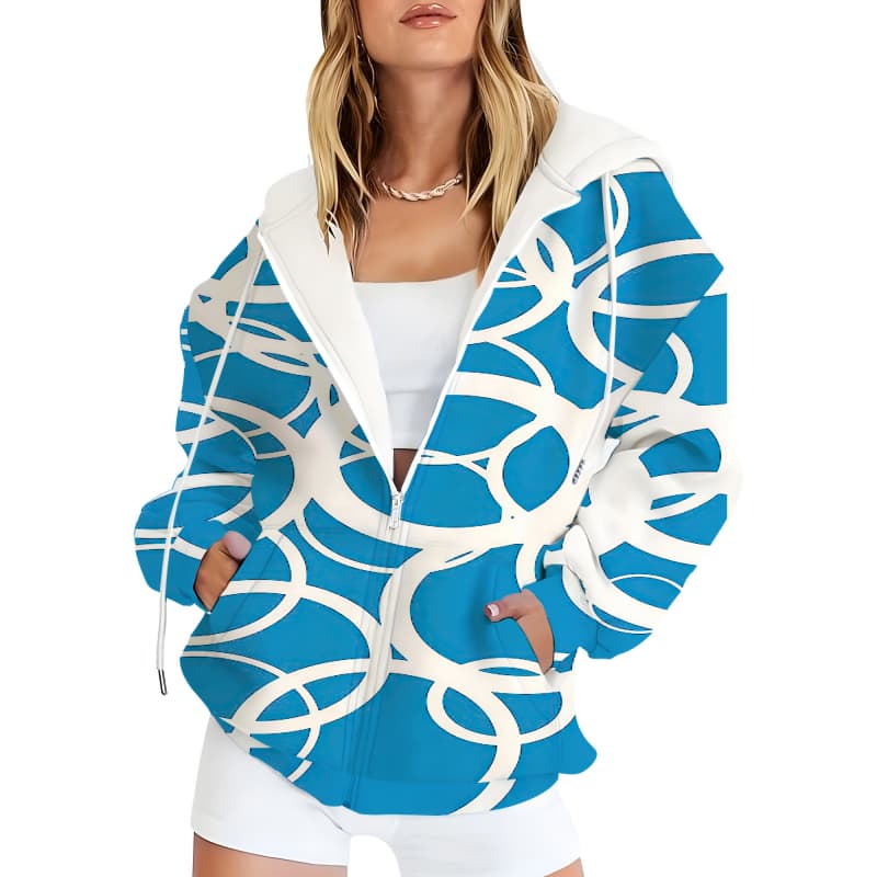 Women's 3D Printed Zipper Hooded Sweatshirt, Long Sleeves, Casual Sport Style