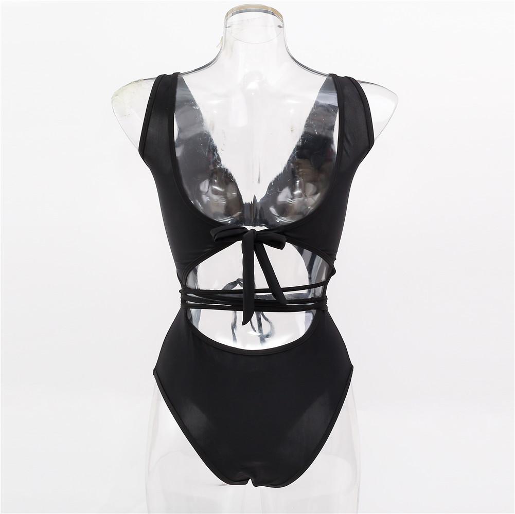 Women's Swimsuit Solid Color Drawstring Back Tie Sexy Cutout Thong One Piece Swimsuit Bikini Beachwear Bathing Suits