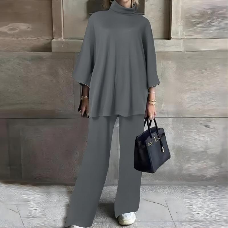 Womens Two Piece Outfit High Neck Loose Top And Wide Leg Pants Set