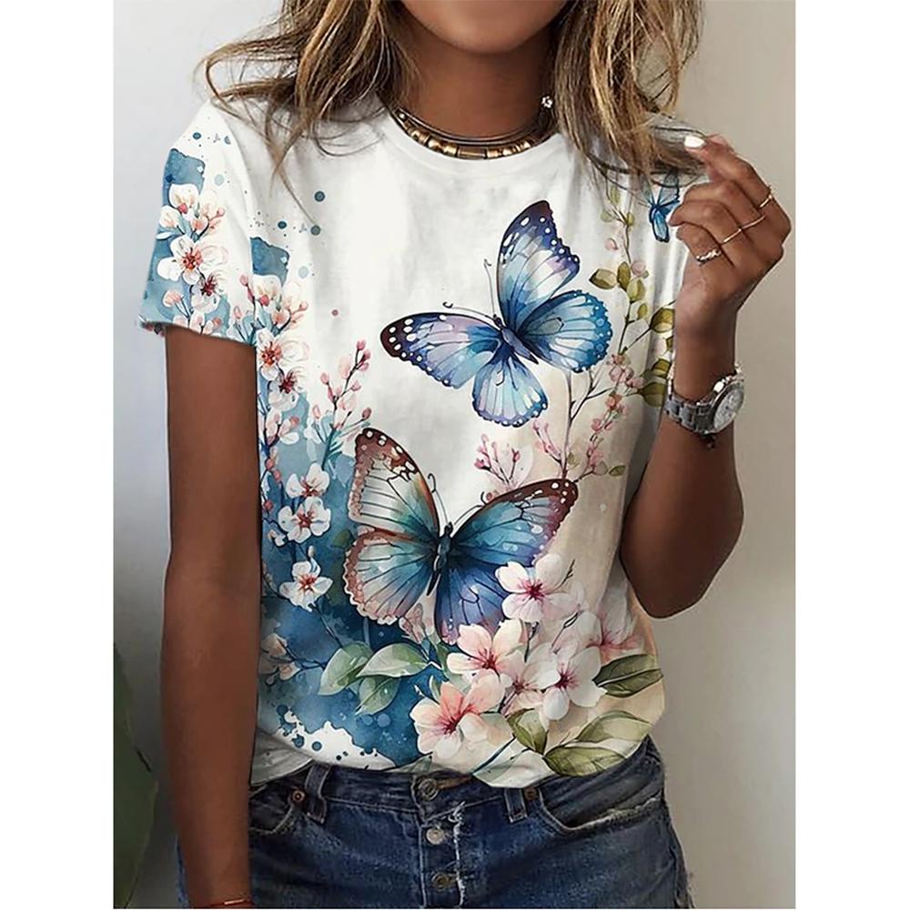 2024 neue Oansatz 3d Schmetterling Print T Shirt frauen T-shirt Sommer Mode Kurzarm Tops Übergroßen Sommer Top Weibliche Kleidung