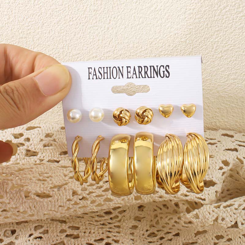 6Pcs/Set Vintage Gold Color Twisted Hoop Earrings Set For Women Minimalist Metal Heart Geometric Chunky Earring Jewelry