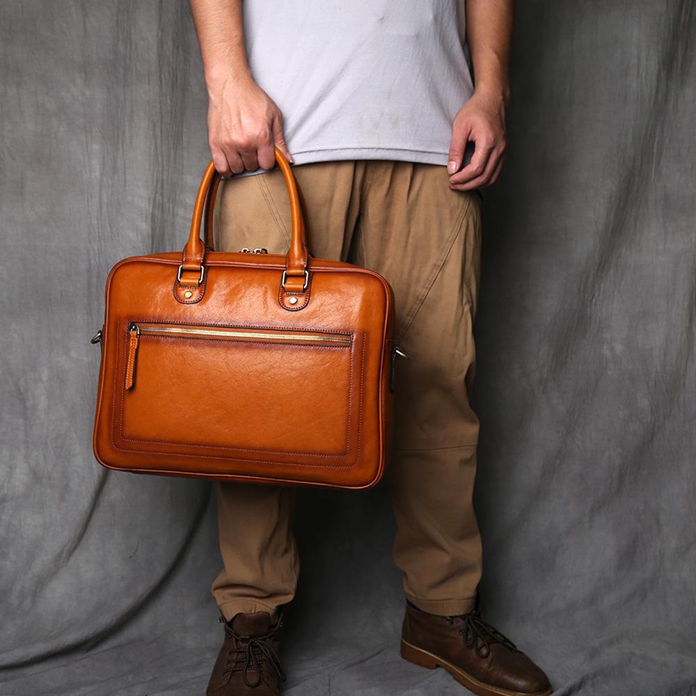 NZPJ Men's Vintage Genuine Leather Briefcase Top Layer Cowhide Handbag Business Crossbody Computer Bag Casual Crossbody Bag