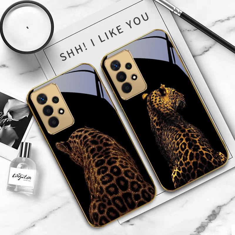 Luipaard achtergrond zwart Voor Samsung A 01 52S A04 A05S A10 A12 13 22 23 24 36 42 M02 Note 10 20Ultra 8 9 Gouden glazen telefoonhoesje