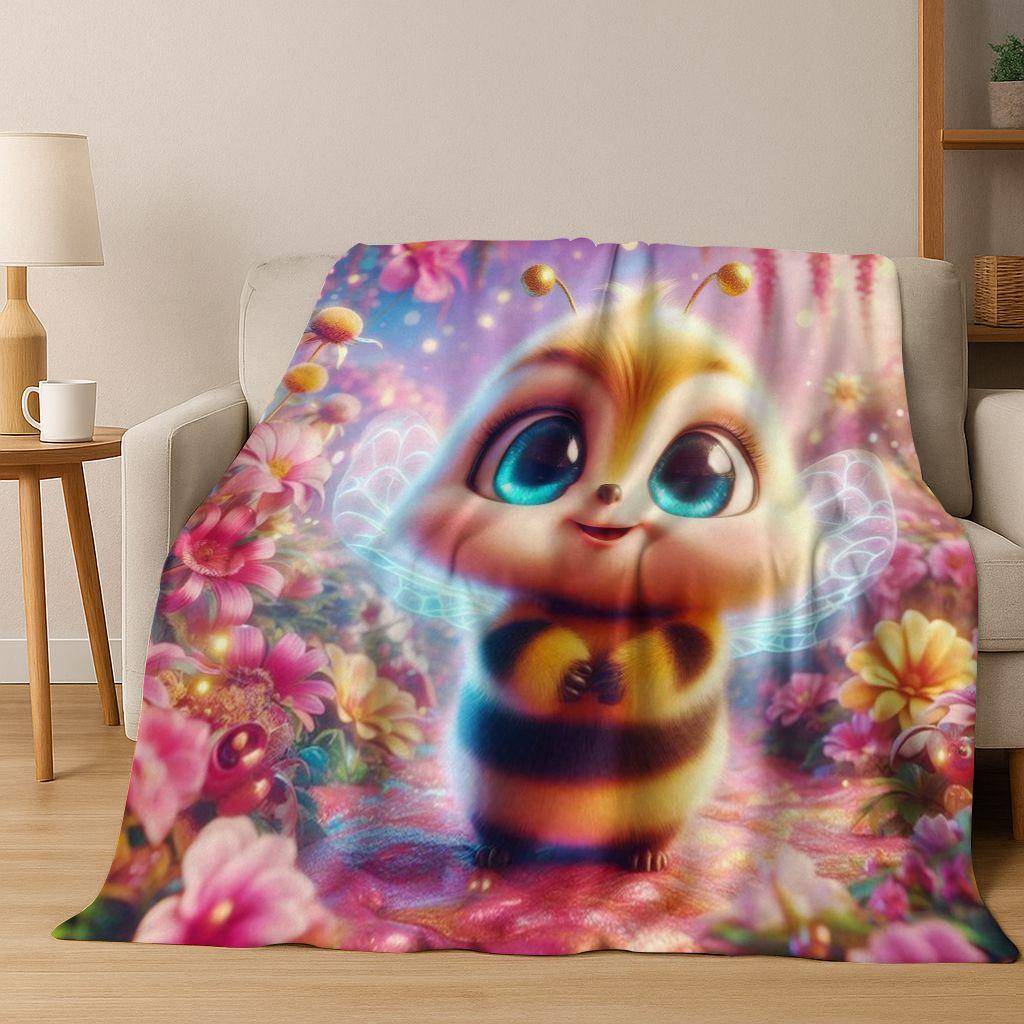 Schattige Cartoon Bij Honingbij Insect Kunst Flanellen Deken, Gezellige Zachte Plaid voor Huis Slaapkamer Bed Bank Picknickhoes Cadeau Kinderen