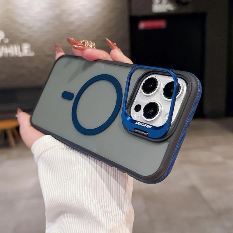 Capa Magnética Fashion de Duas Cores com Suporte Transparente Para iPhone 16 15 14 13 12 11 Pro Max Plus Magsafe Cor Emendada Capa Fosca