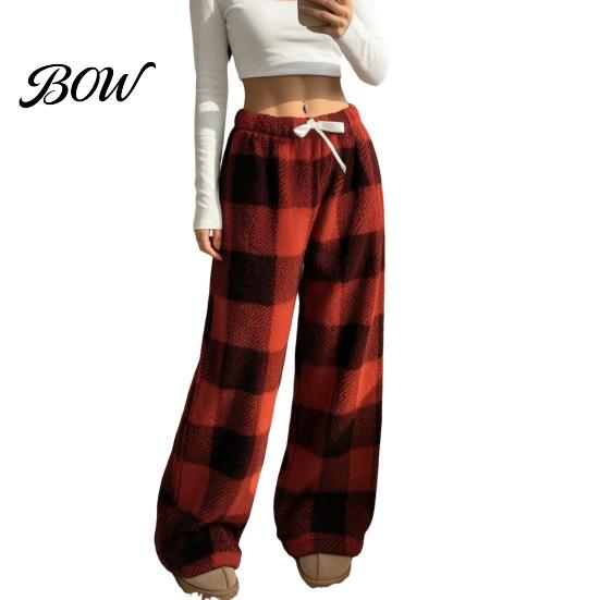 Weiche Hautfreundliche Schlafhose Damen Karomuster Weiter Beinschnitt, Kordelzug Hoher Bund Dicke Korallenfleece Samt Hose Warme Loungewear, Anti-Pilling