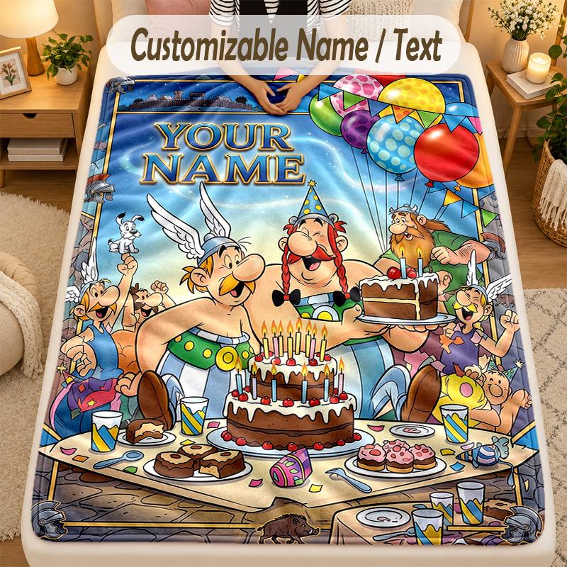 Flannel BlanketAsterix & Obelix Custom Name Text Personalized Soft Warm Throw Blanket Home Decor Gift
