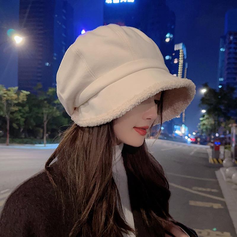 Small face big head circumference hat women's autumn and winter new stacking hat cold-proof velvet octagonal hat versatile bucket hat