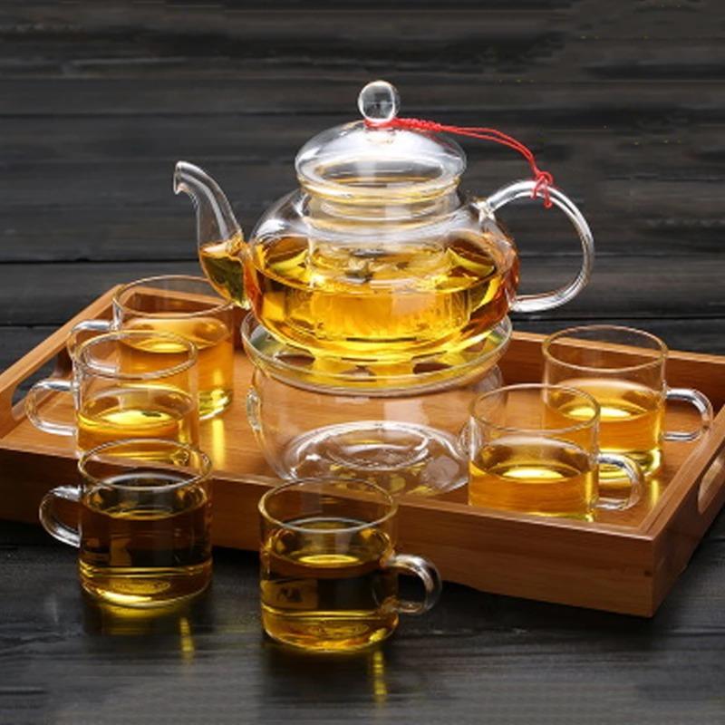 All Ready Elegant Glass Tea Set Borosilicate Glass Teapot With Cups Bamboo Tea Tray Tea SetKettle Warmer Glass Teapot Giftset