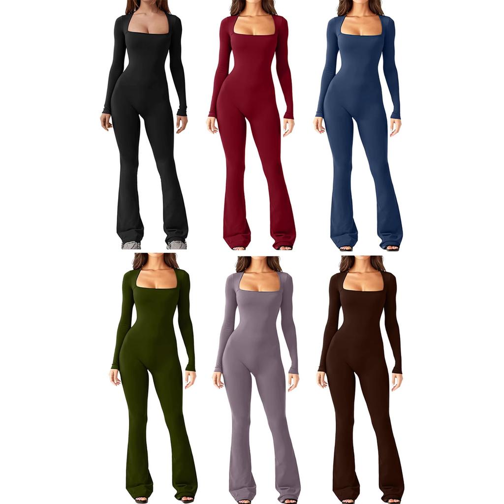 Women's Square Neck Long Sleeve Bootcut Flared Jumpsuit High Elastic Slim Fit Overall