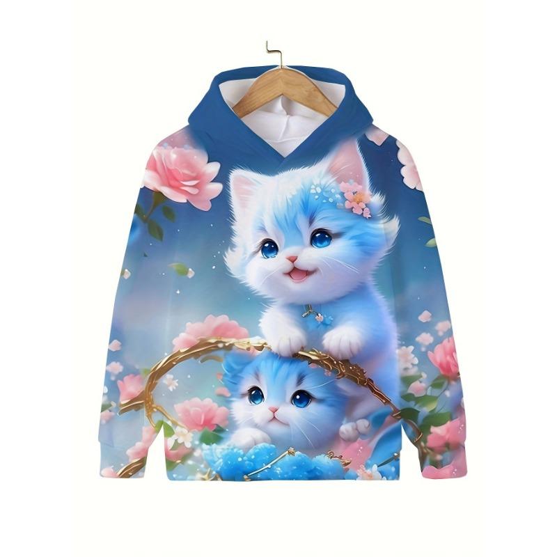 Girls Long Sleeve Sweatshirt Cartoon White Kitten Graphic Hooded Pullover Sports Fashion Autumn Girls Hoodies Children Clothes