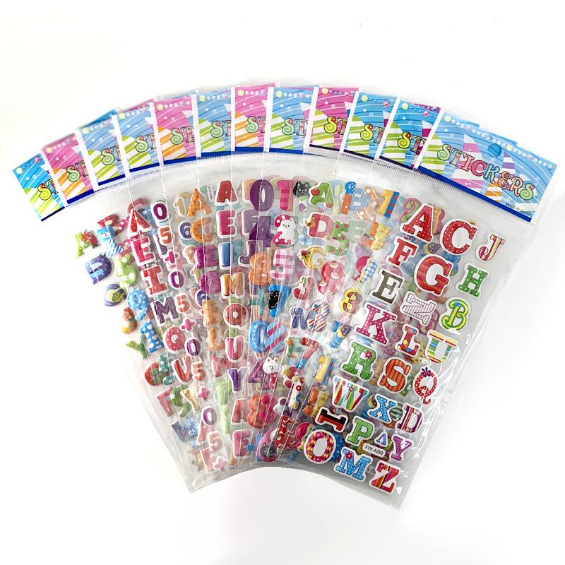12 Blatt Cartoon-Zahlen-Buchstaben-Aufkleber für Kinder 3D-Schaumstoff-Aufkleber Scrapbooking Jungen Mädchen Lernspielzeug Geschenk