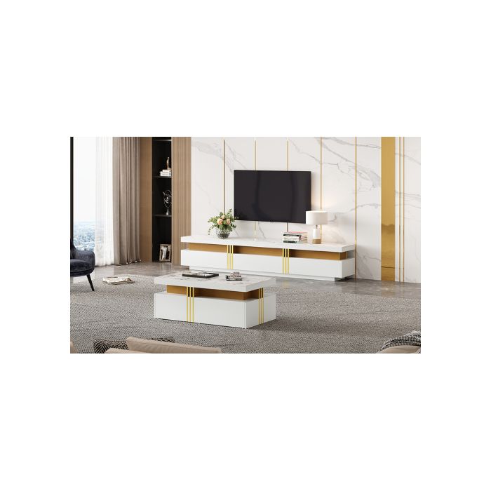 Wall-mounted TV Unit - MUVOE - TV Stand + Coffee Table Set - White - Marble-effect Top - 30 Kg Capacity, Up To 90 Inches