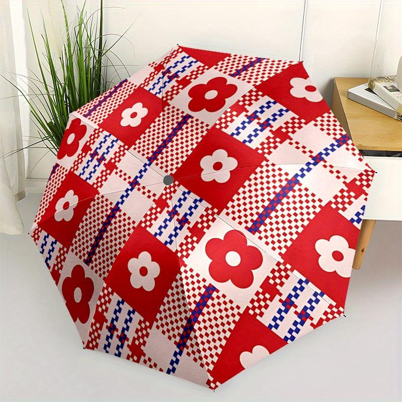 1pc Floral Checkered Automatic Folding Umbrella, 8-Rib Sturdy Canopy, Portable Travel Umbrella for Outdoor Use,112