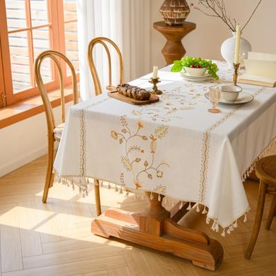 Thickened Cotton Linen Tablecloth Embroidery Nordic Minimalist Waterproof Wear-Resistant Dining Table Cover Farmhouse Kitchen Table Mat with Tassels