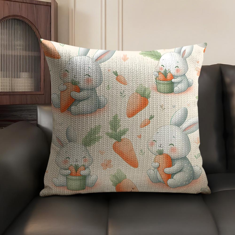 Cute Easter Bunny Cushion Cover Natural Linen Organic Fabric Double-Sided Printing Breathable Perfect Gift For Decor