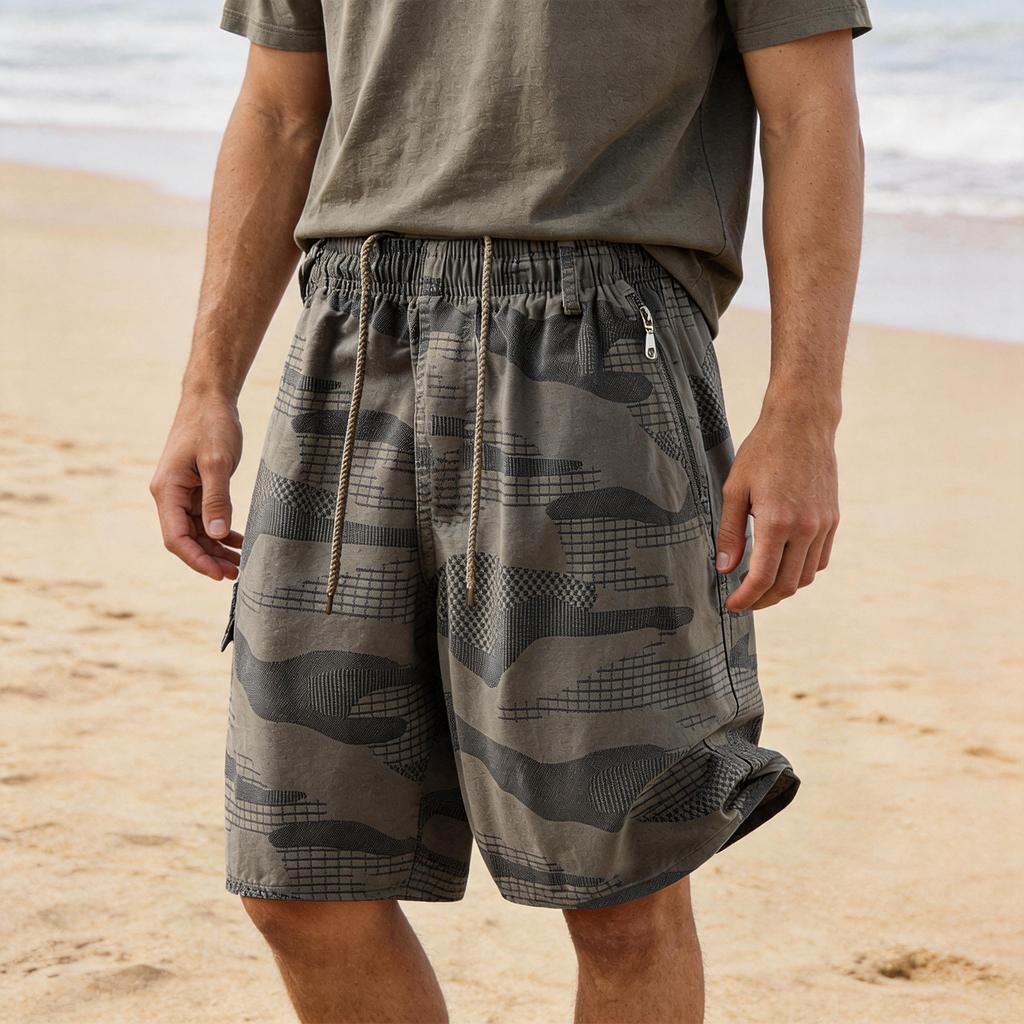 Men's Relaxed Fit Elastic Waistband Shorts with Drawstring and Zipper Pockets Lightweight Breathable Fabric for Daily Wear