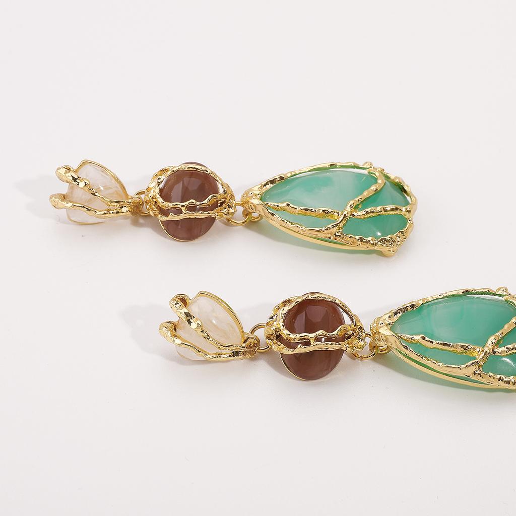 Women Fashion Handmade Weave Metal String Bag Green Natural Stone Dangle Earrings White Resin Waterdrop Earring Gothic Jewelry