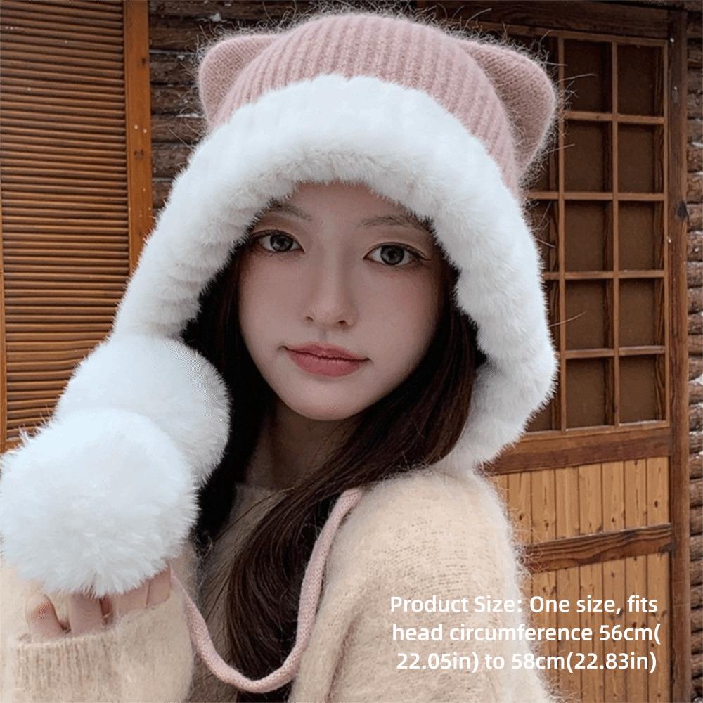 Thick Warm Cat Ear Beanie Hat Polyester Winter Warm Hat Comfortable Plush Ear Flap Hat For Women