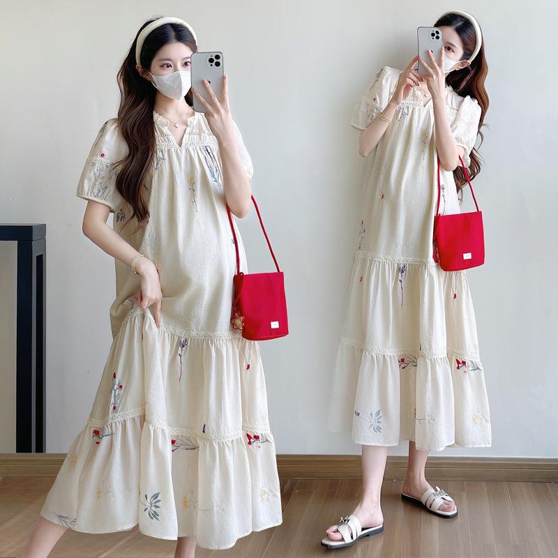 2026 Summer Maternity Dress: Korean-French Style, Retro Embroidery, Loose & Slimming Fit