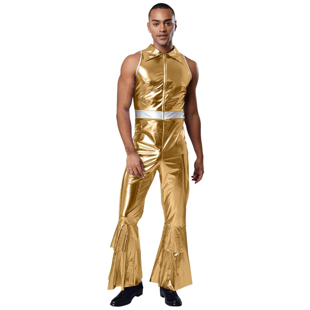 Mens 70s Jumpsuit Shiny Metallic Lapel Collar Sleeveless High Waist Flared Pants Disco Dance Singer Outfit