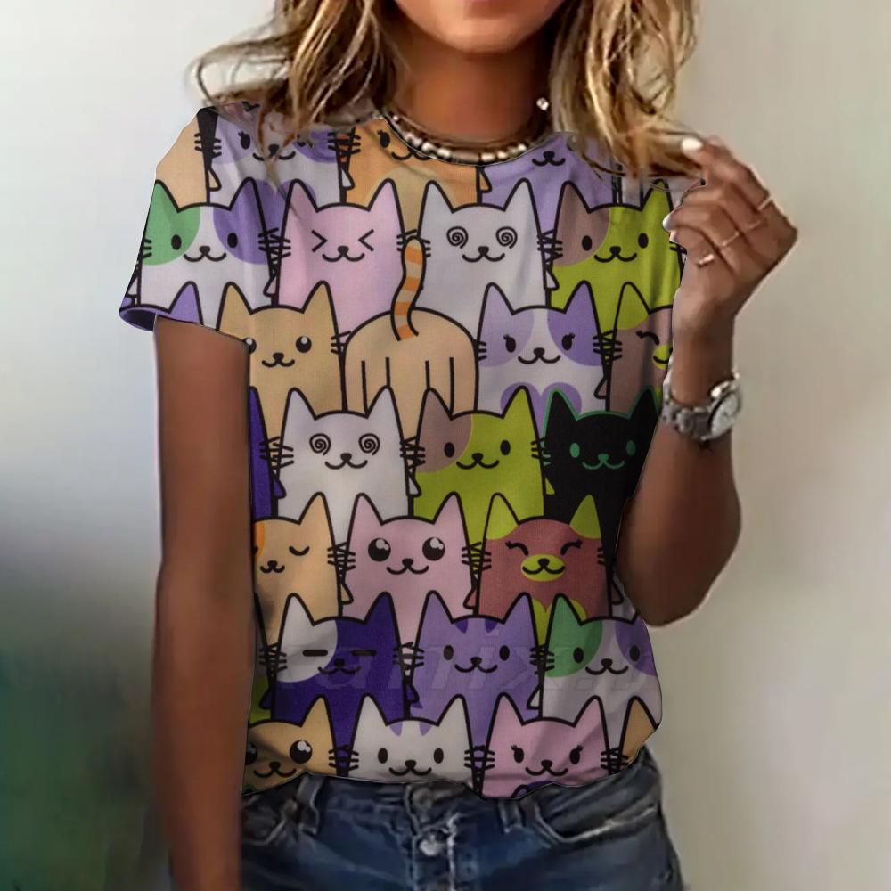 T-shirt pour femme imprimé chat 3D, vêtements d'été, col rond, mode, manches courtes, élégant, décontracté, ample, vêtements pour femmes