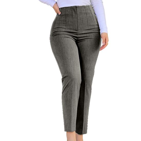 High Waist Pleated Pockets Ninth-Length Women Trousers Solid Color Straight Leg Suit Pants