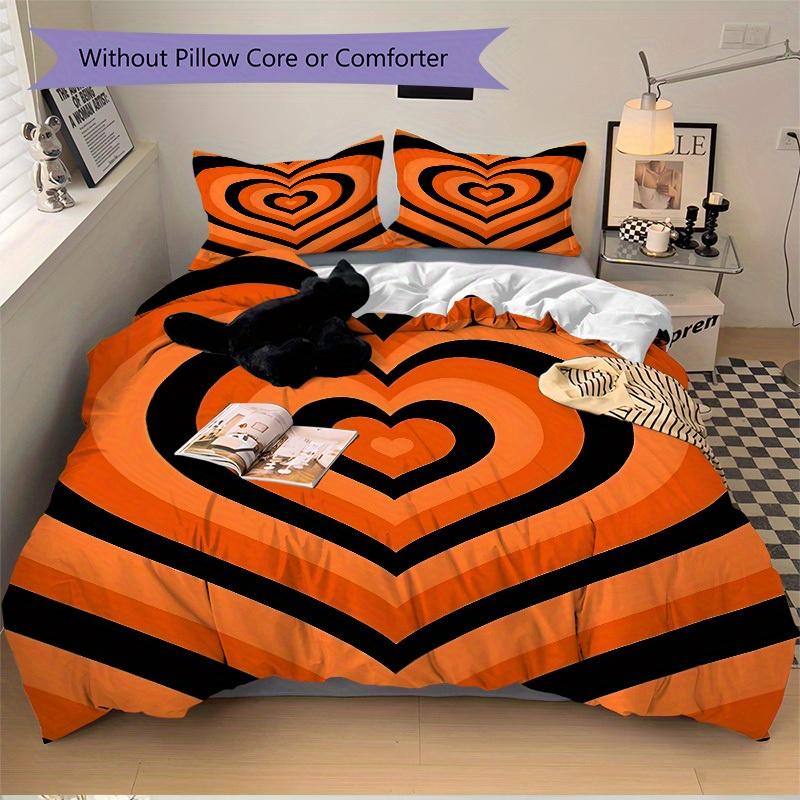 3pcs Orange Heart Pattern Bedding Set, Breathable and Soft, Suitable for All Seasons, Ideal for Home Use, Suitable for Bedroom Decor Yy250821201
