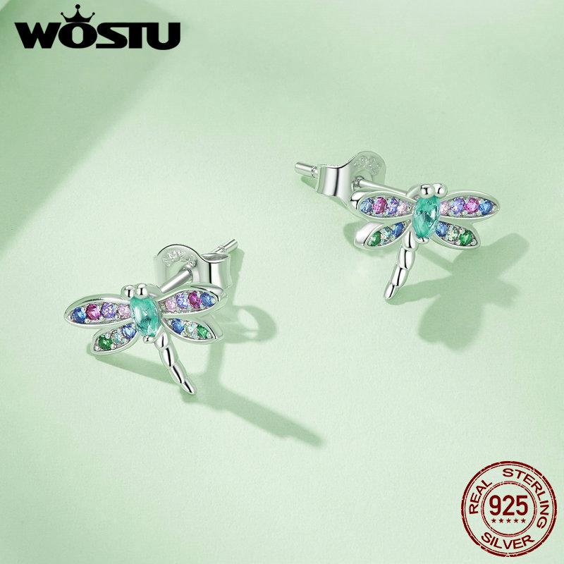 WOSTU 925 Sterling Silver Mini Blomma Fjäril Fågel Bi Örhängen Regnbåge Månsten Kattunge Katt Örhängen Flickor Fest Smycken