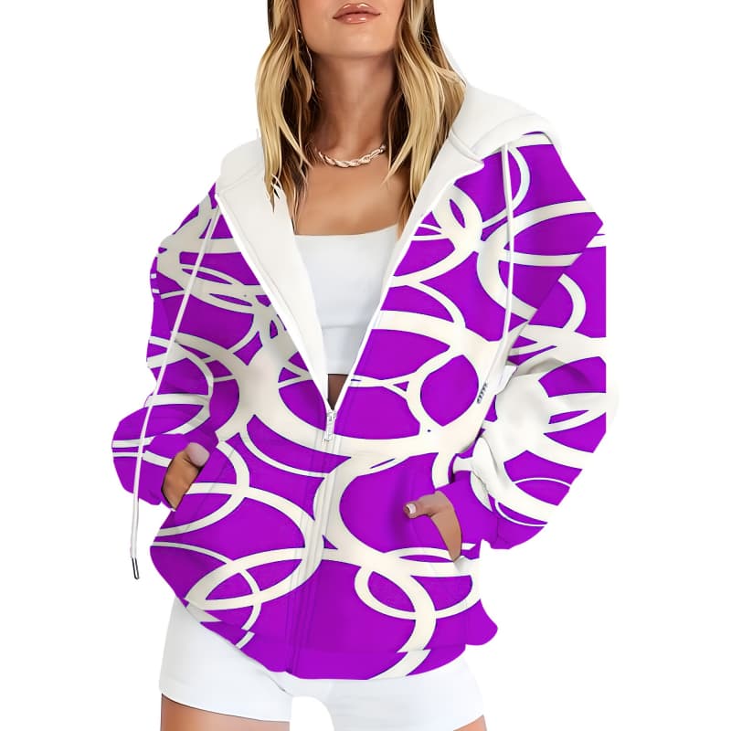 Women's 3D Printed Zipper Hooded Sweatshirt, Long Sleeves, Casual Sport Style