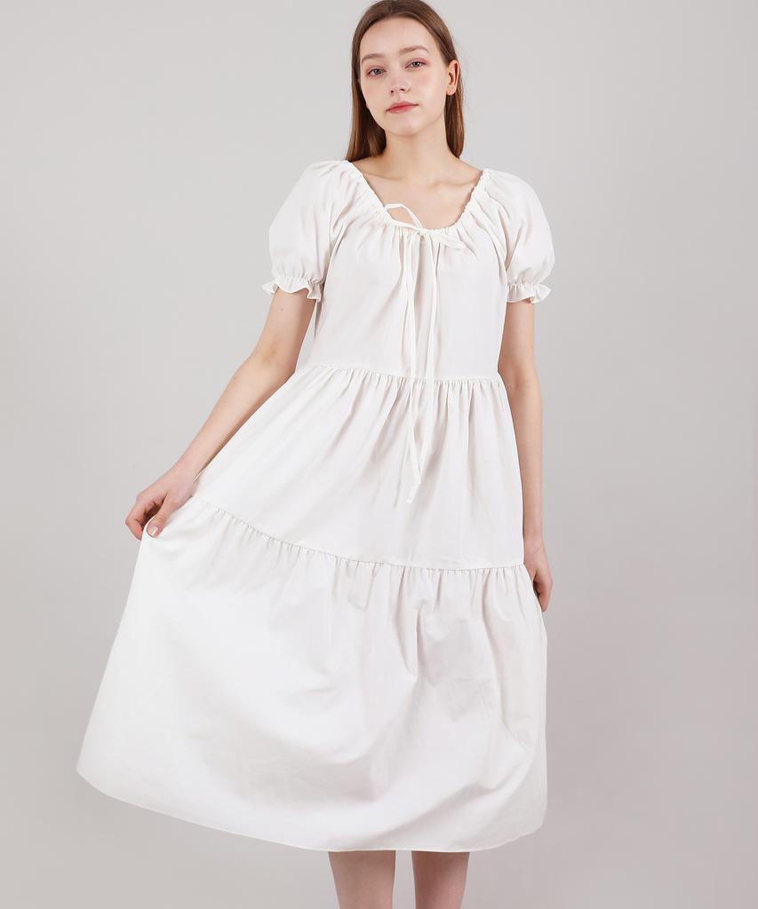 CATTLINE Romantic Shirred Long Dress (Ivory)