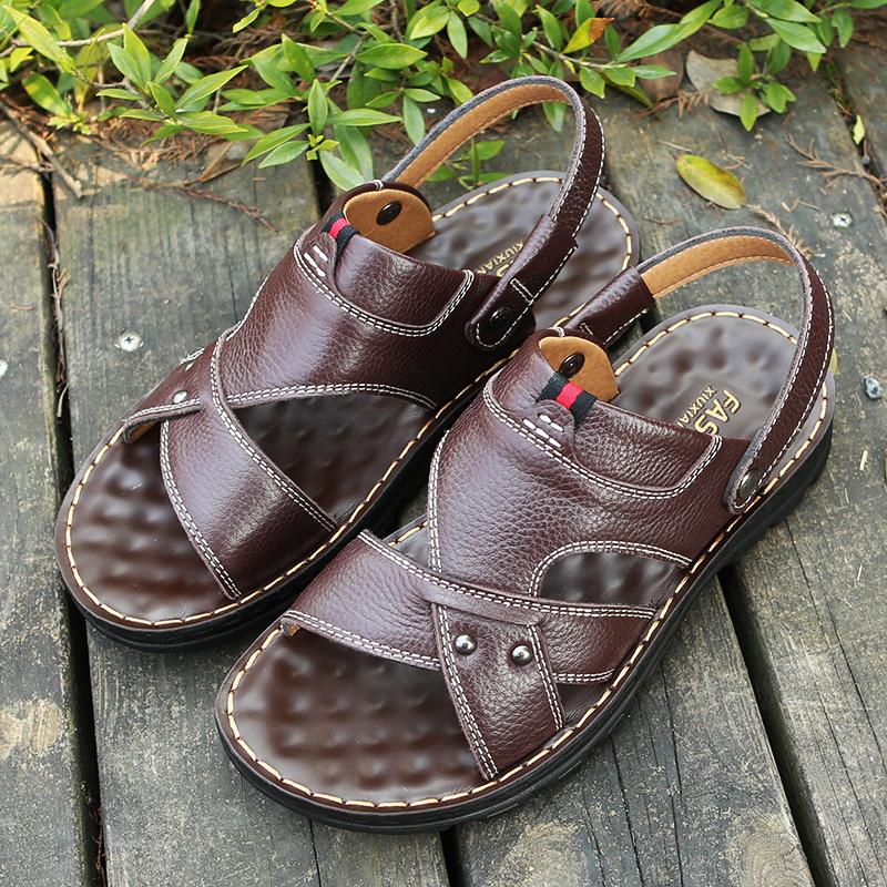 Zomer Zacht Leer Heren Sandalen Comfortabele Heren Strand Schoenen Anti-Slip Heren Slippers Buiten Ademend Lichtgewicht Casual Schoenen